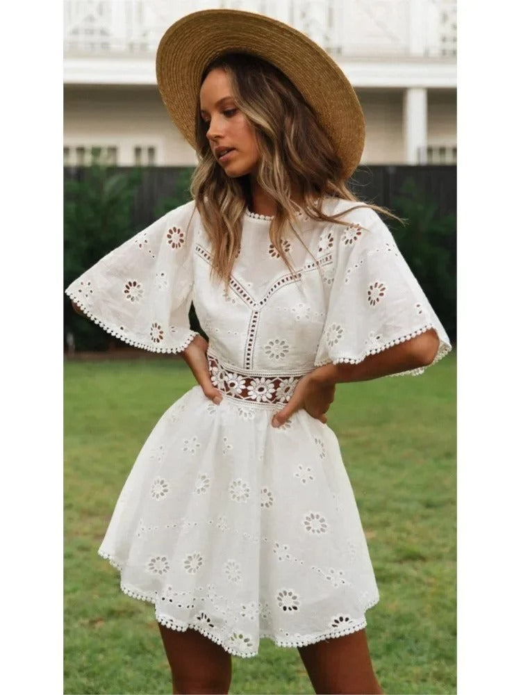 Embroidered Bloom Backless Cotton Dress
