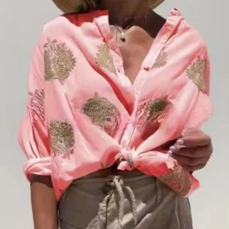 Autumn 3D Print Button-Up Shirt