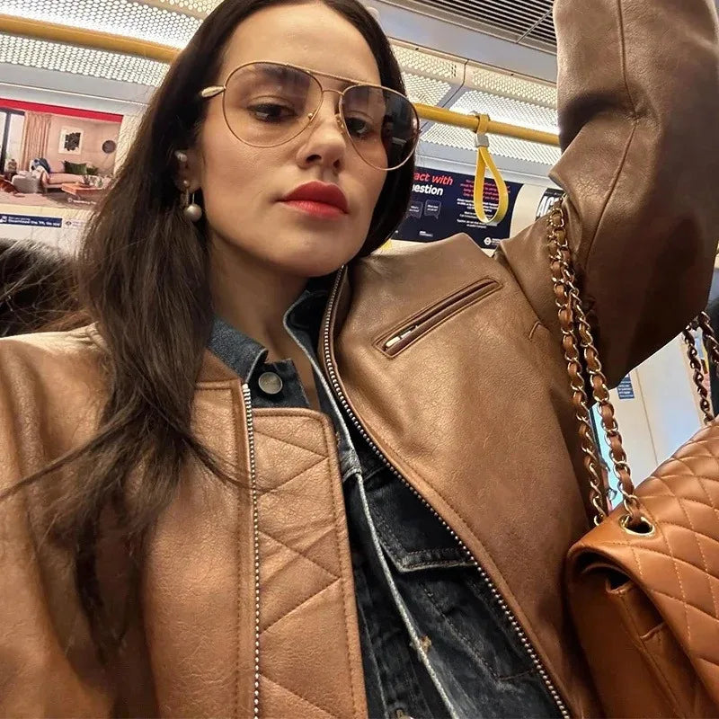Vintage O-Neck Leather Jacket