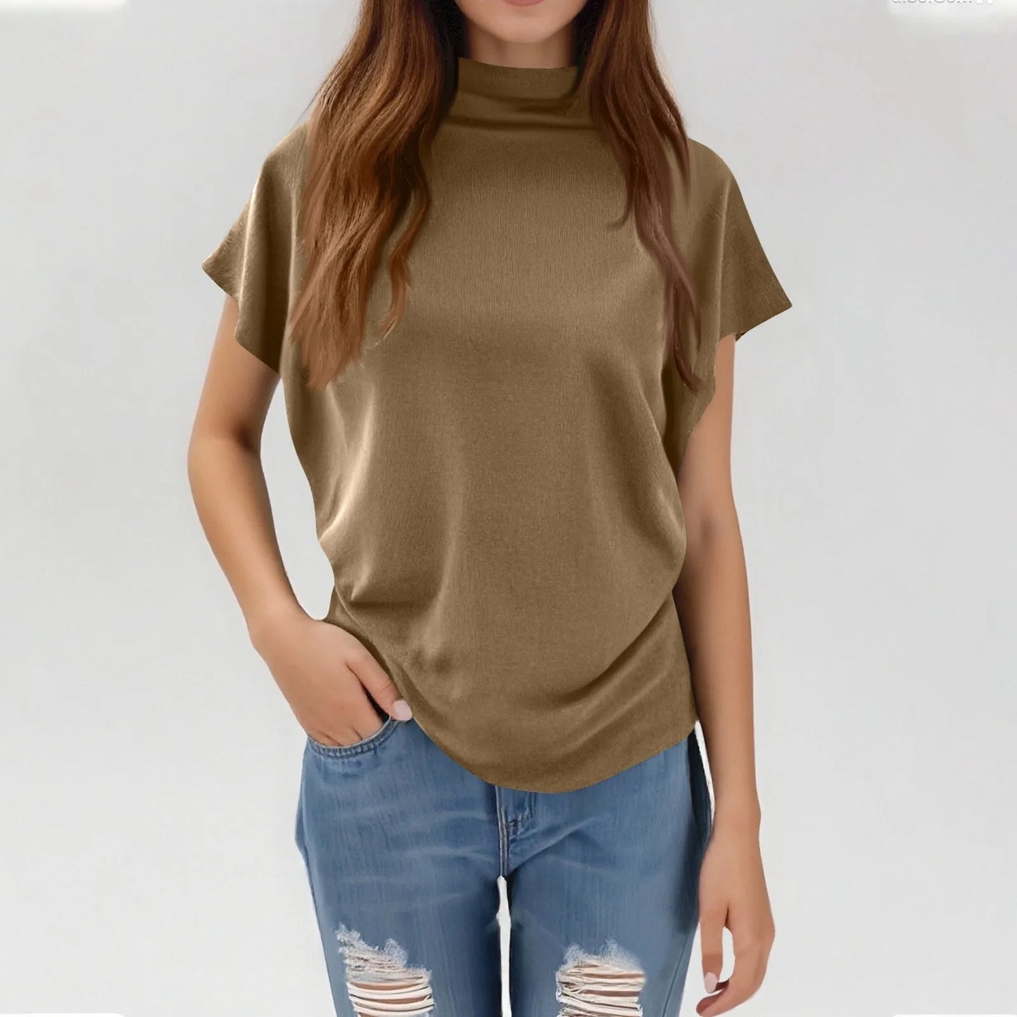 Soft Pleated Turtleneck Short Sleeve Top