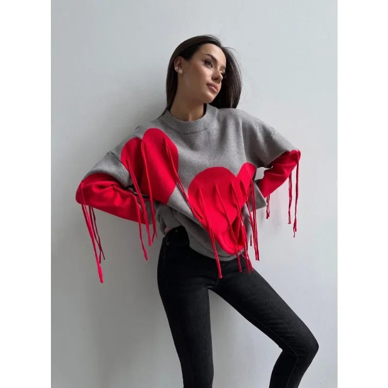Playful Heart Tassel Sweater