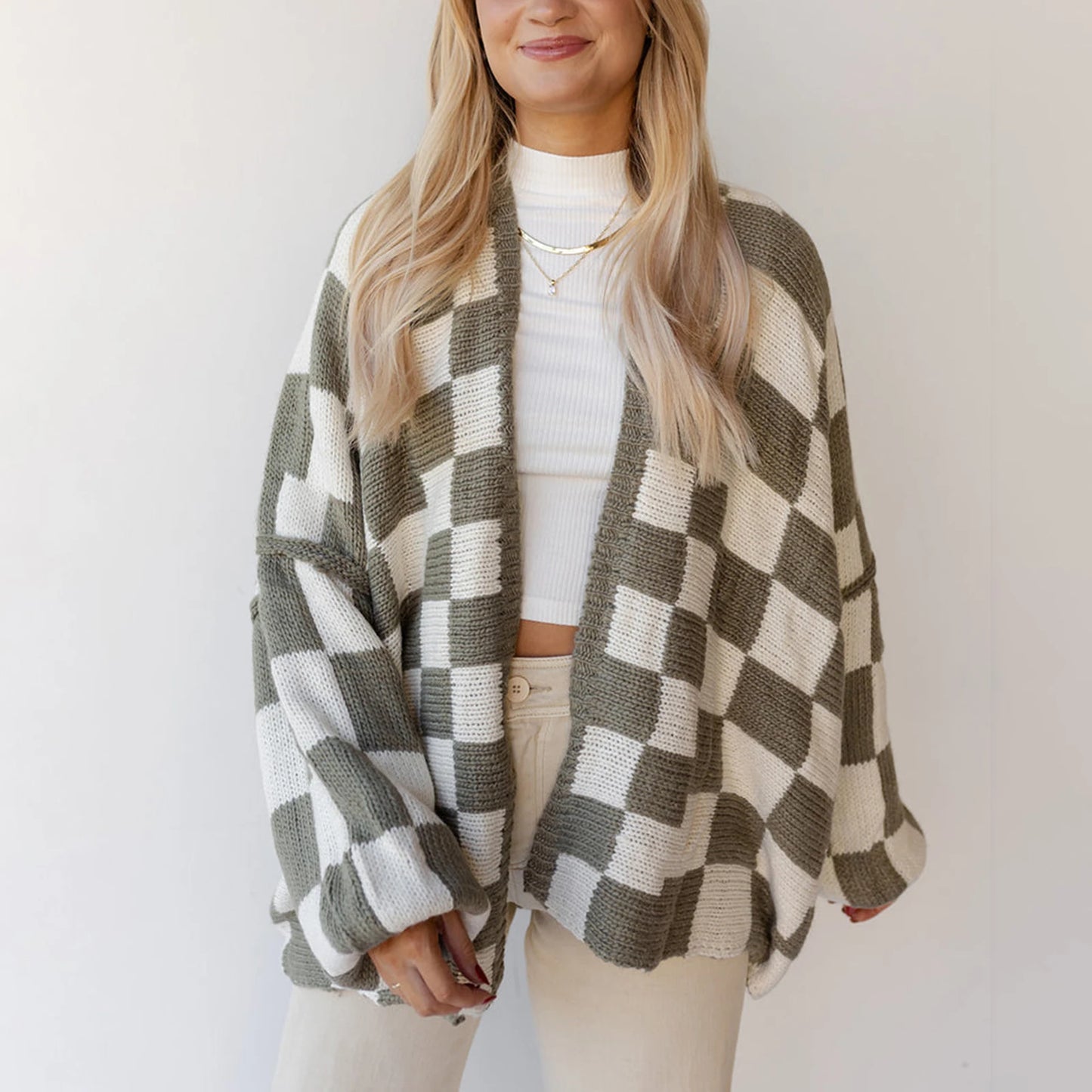 Plaid Ease Oversized Open Front Cardigan
