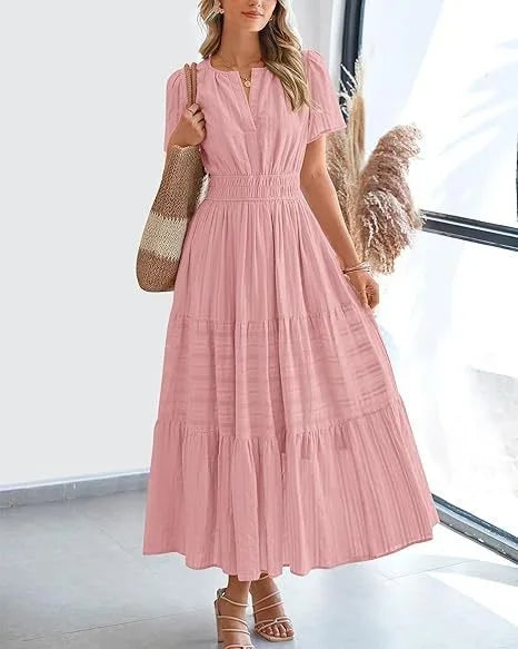 V-Neck Puff Sleeve Beach Dress Rich Allure