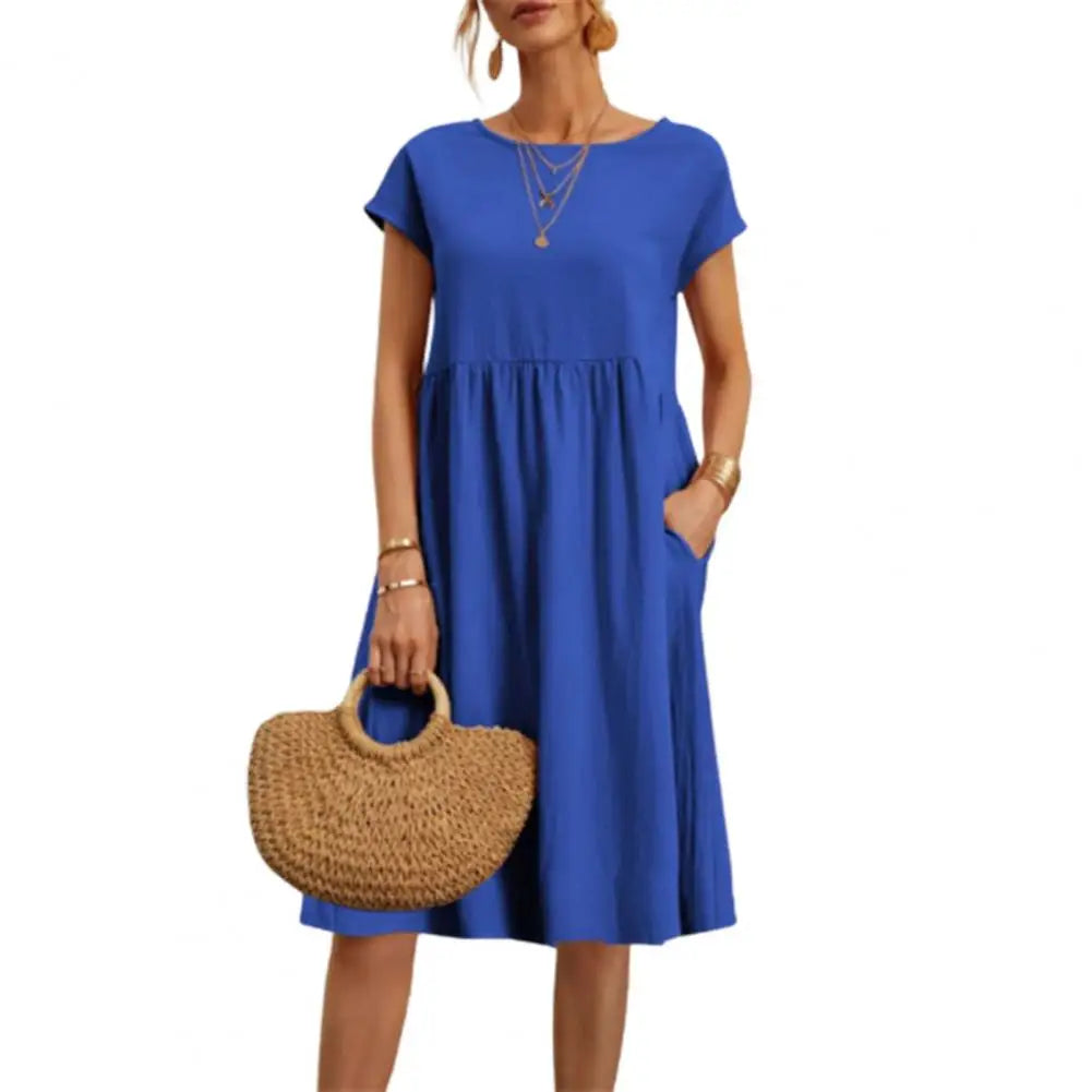 Women’s Vintage O-Neck Casual Summer Dress with Pockets