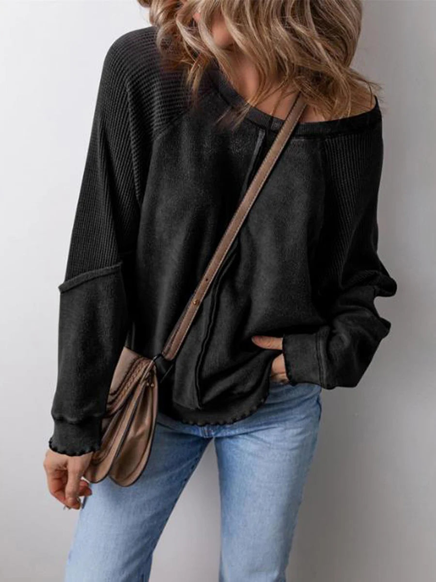 Patchwork Charm Waffle Knit Pullover