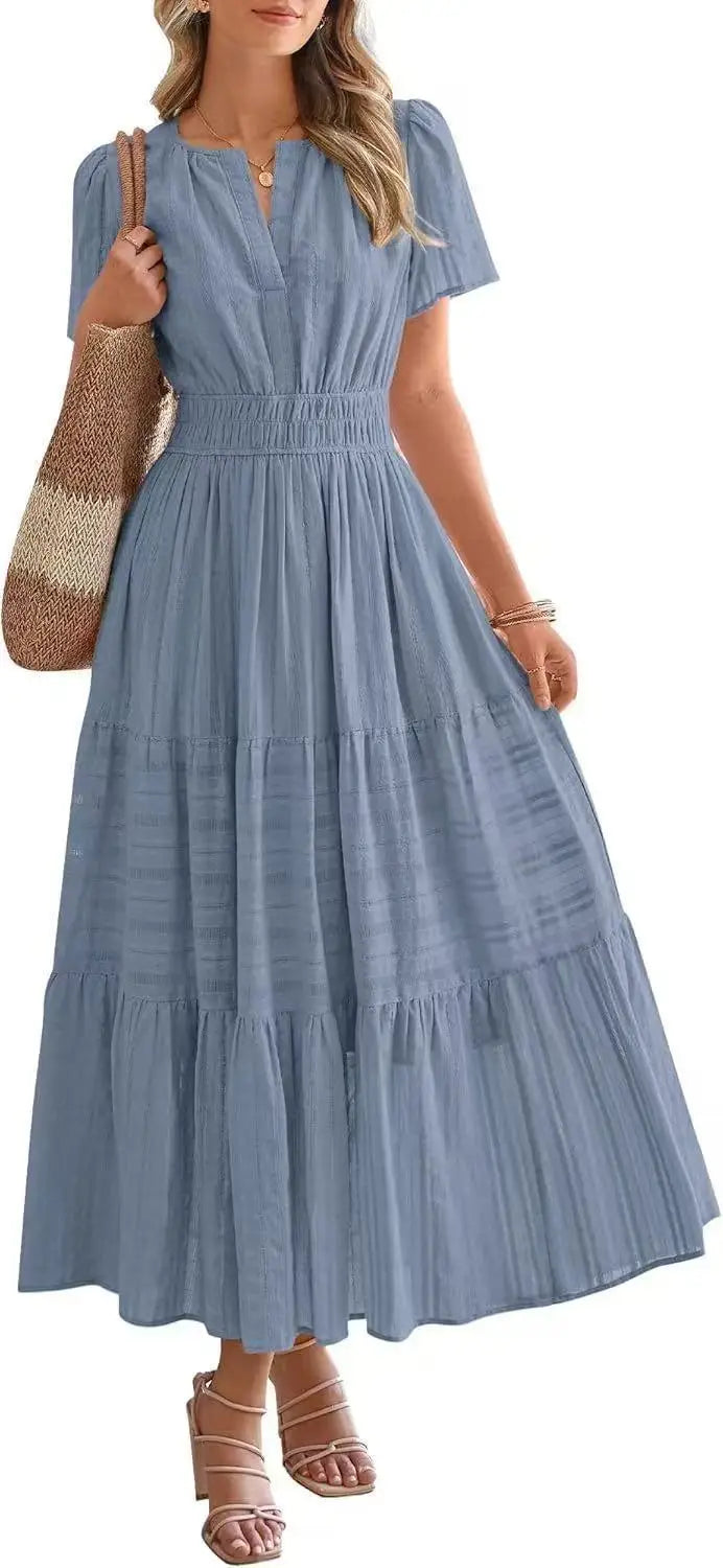 V-Neck Puff Sleeve Beach Dress