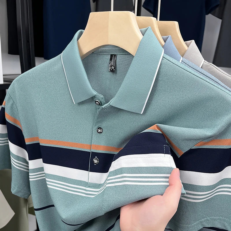 Luxury Color-Block Striped Polo Shirt
