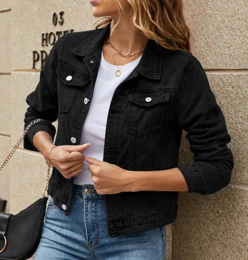 Washed Denim Turn-Down Collar Jacket