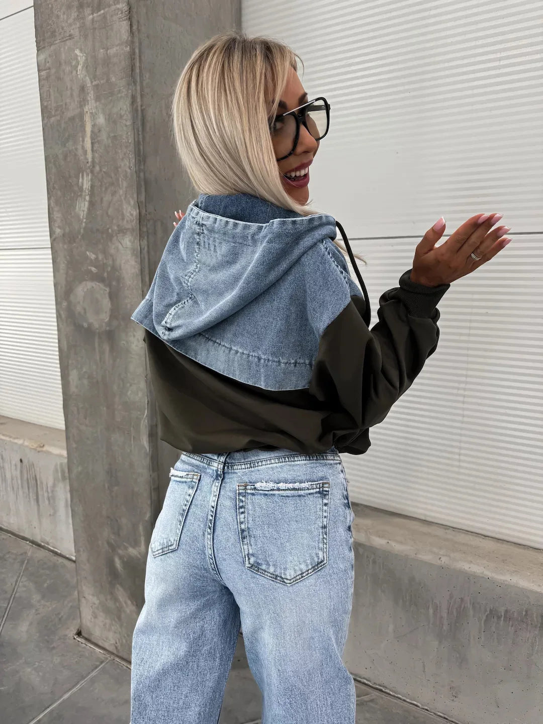 Denim Zip-Up Hooded Sweatshirt