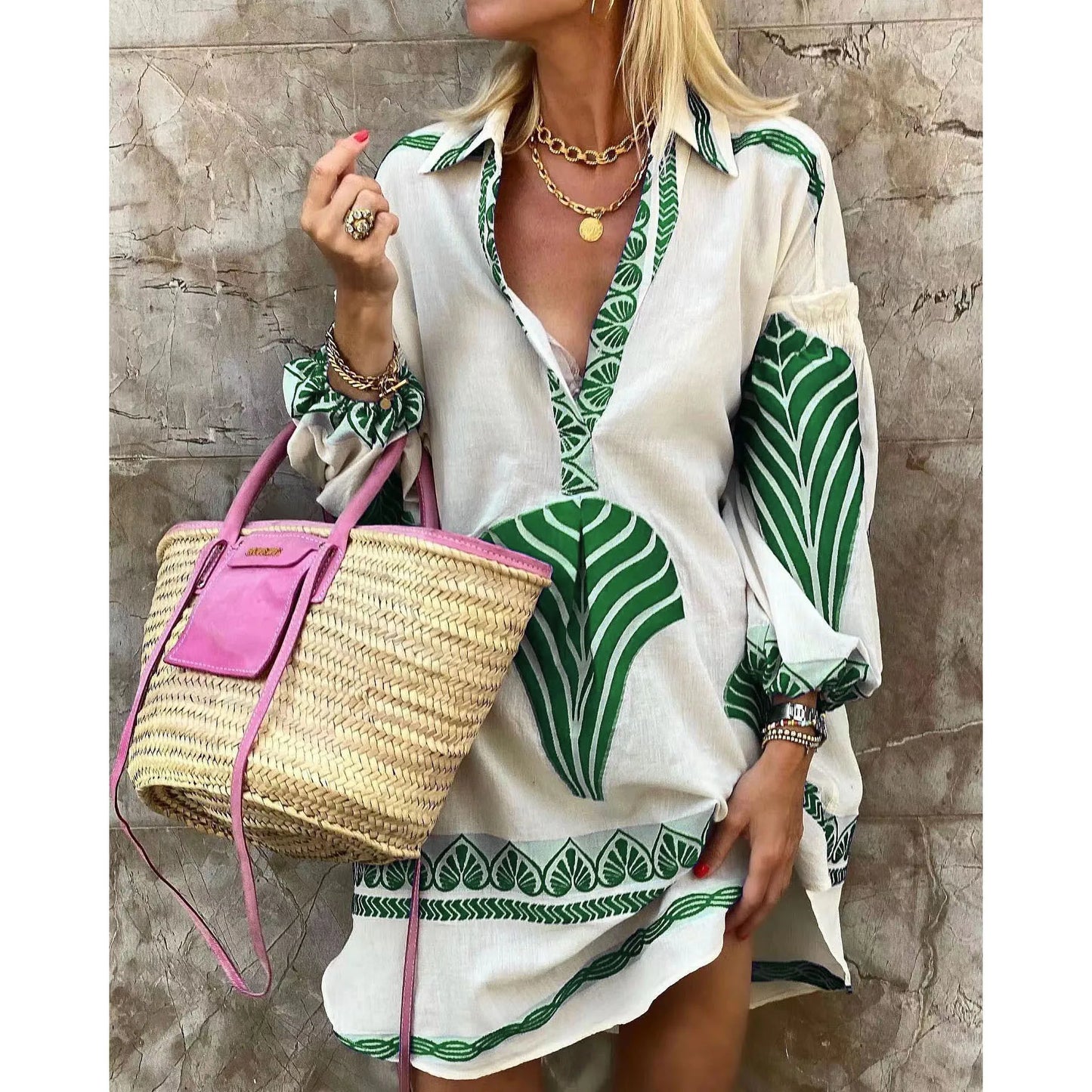 V-Neck Long Shirt Midi Dress