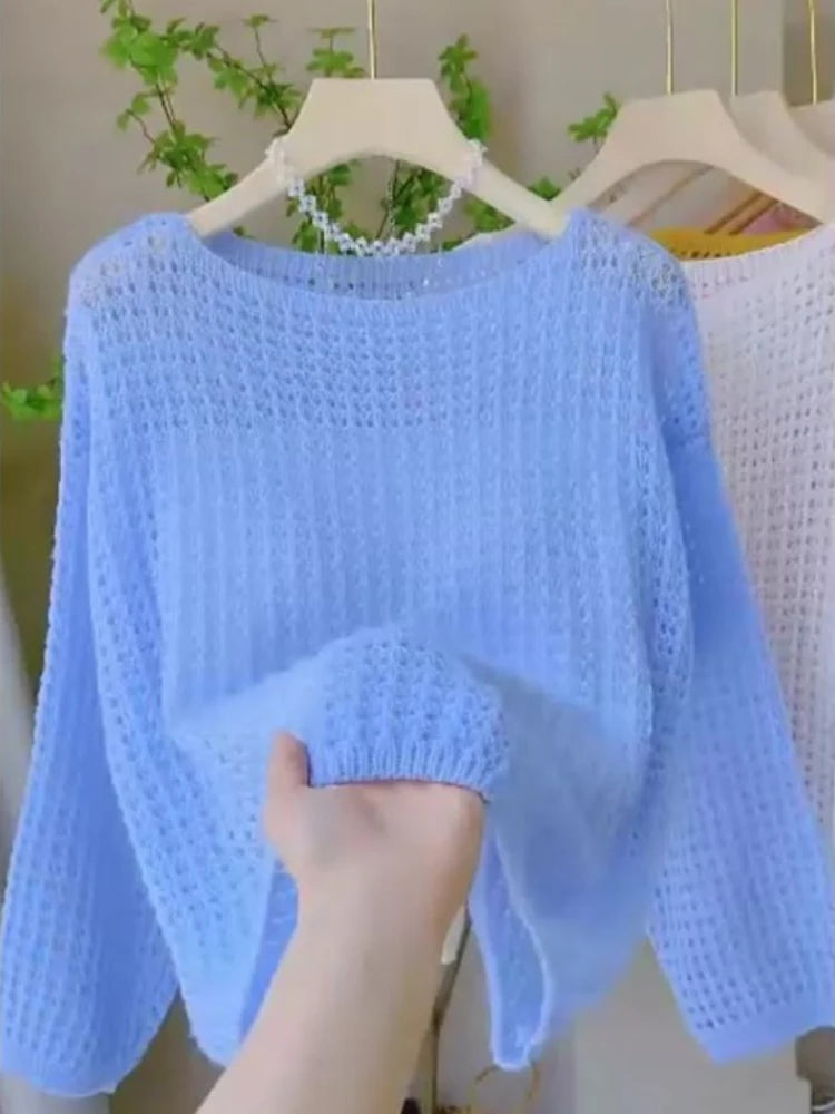 Thin Hollow Knit Cropped Sweater