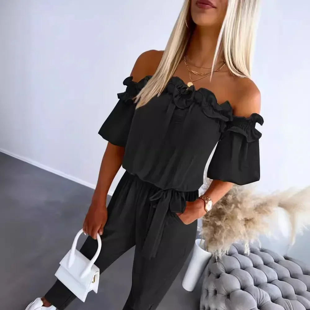 Off-Shoulder Frill Hem Jumpsuit