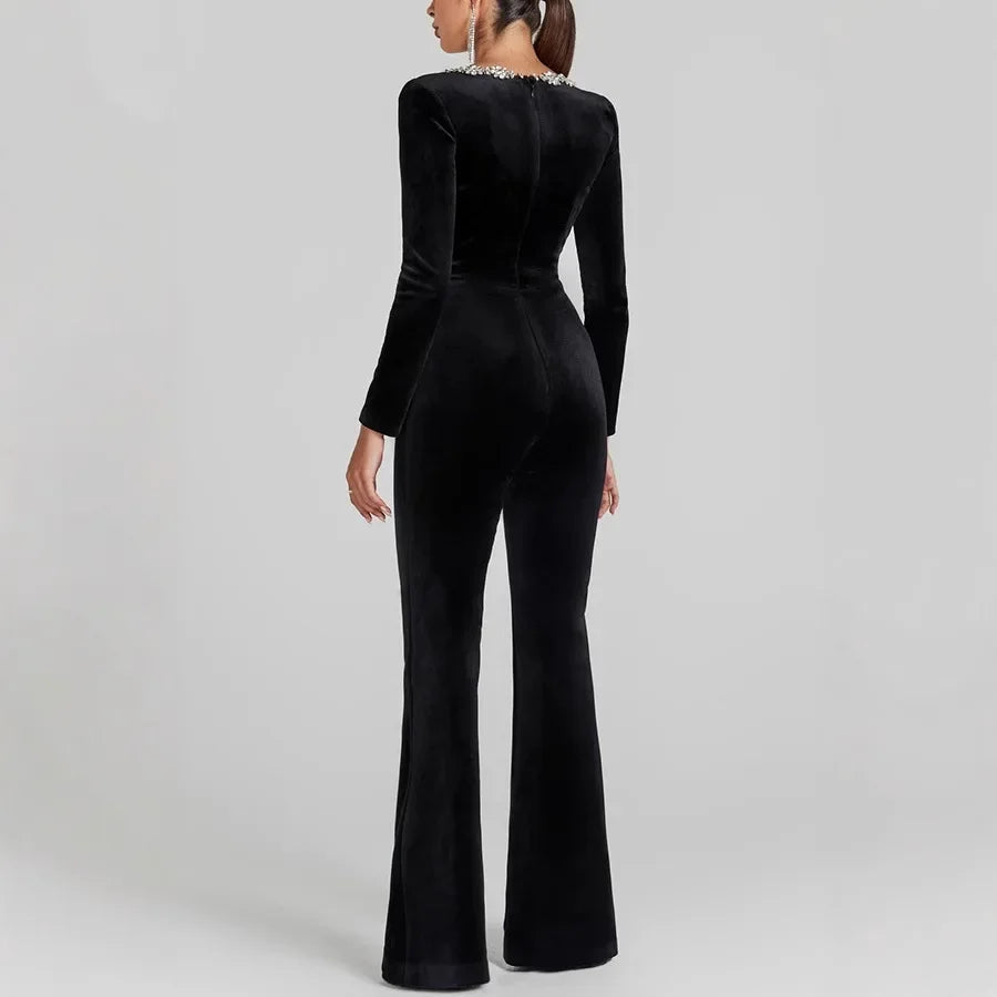 Black Velour Flare Jumpsuit
