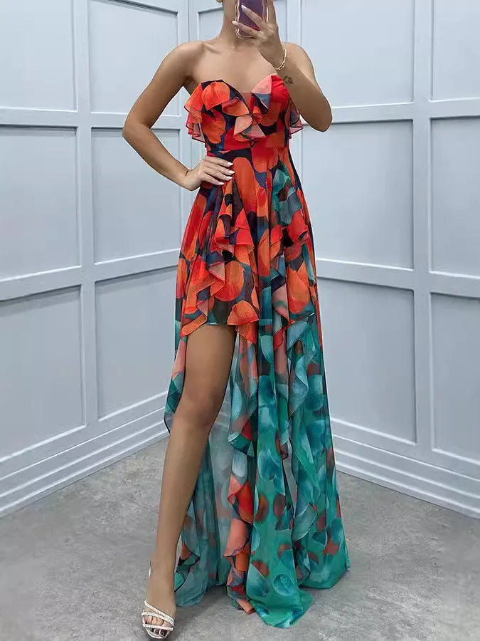 Celestia Irregular Ruffle Mesh Maxi