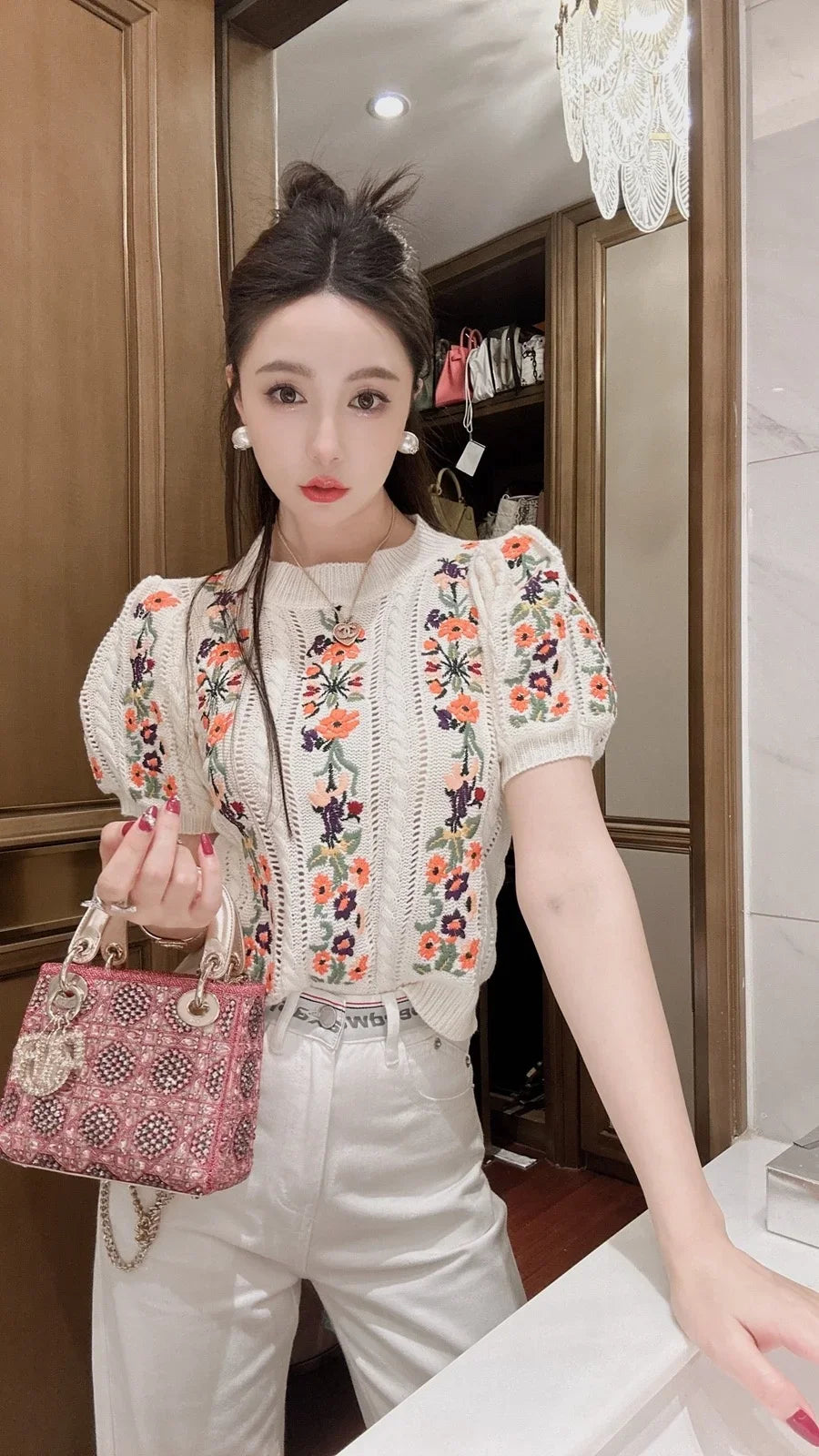 Embroidered Grace Puff Sleeve Knit