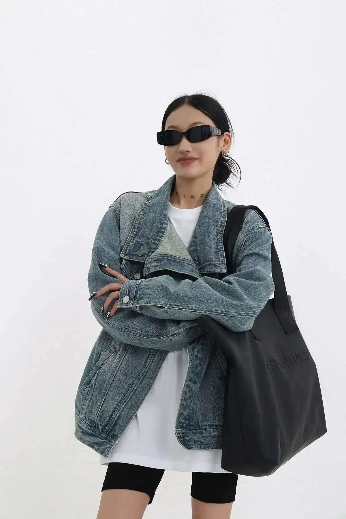 Denim Charm Patchwork Turtleneck Coat