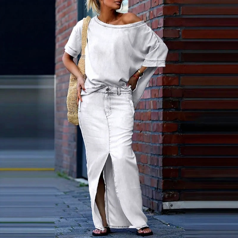 Elegant Denim Split Skirt Set