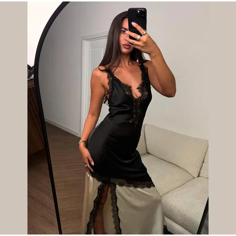 Satin Glow Lace Splice Dress