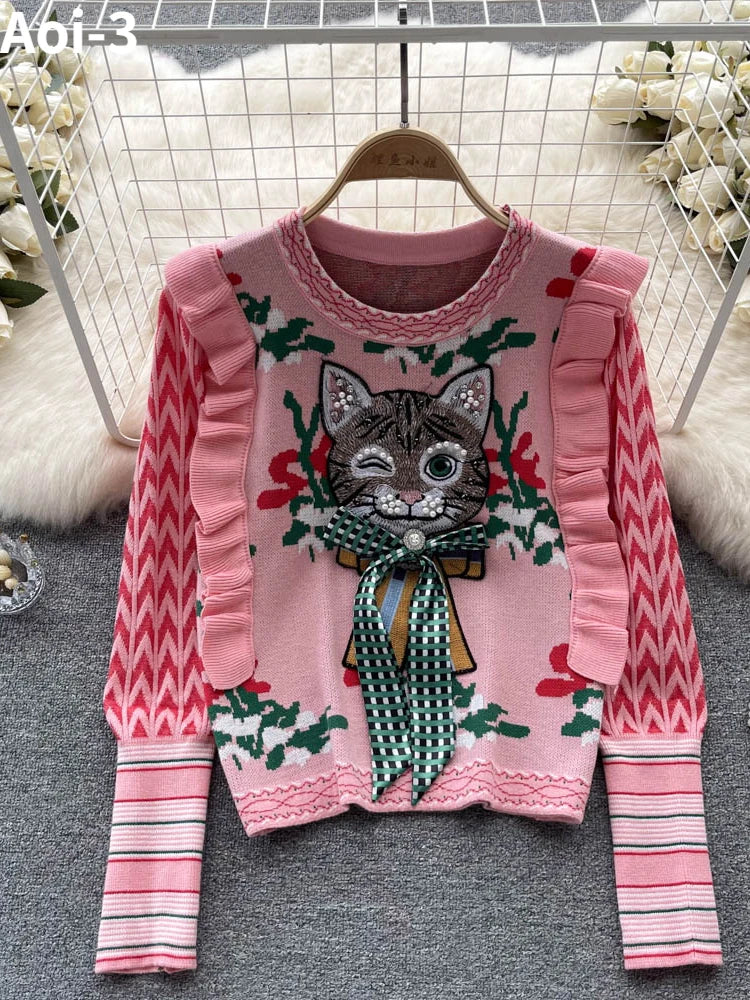 Whimsical Charm Cat Embroidered Sweater