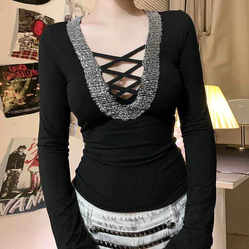 Glam Splice Sequin V-Neck Slim Top