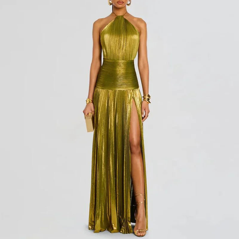 Gold Halter High Split Gown