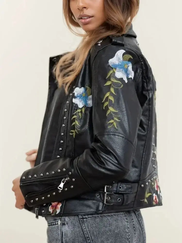 Floral Embroidered Biker Jacket