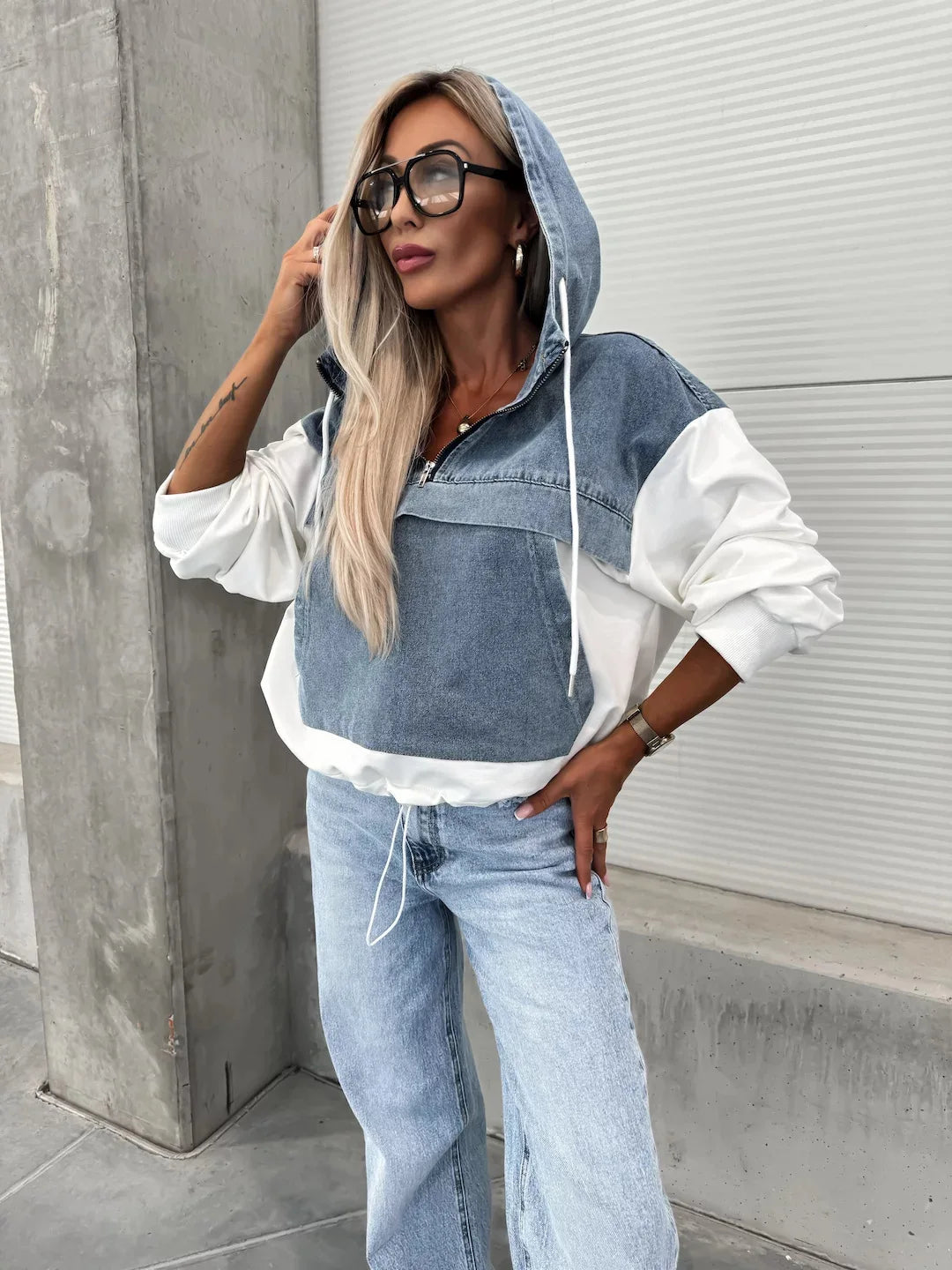 Denim Zip-Up Hooded Sweatshirt