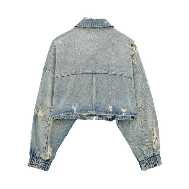 Rogue Bloom Distressed Denim Crop Jacket