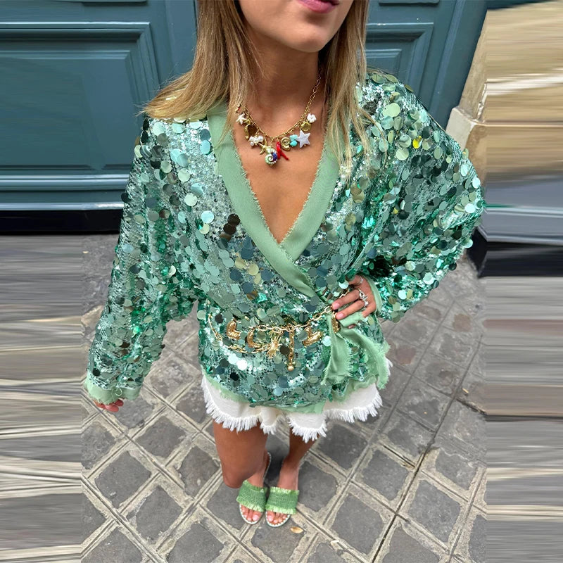 Sequin Lace-Up V-Neck Cardigan