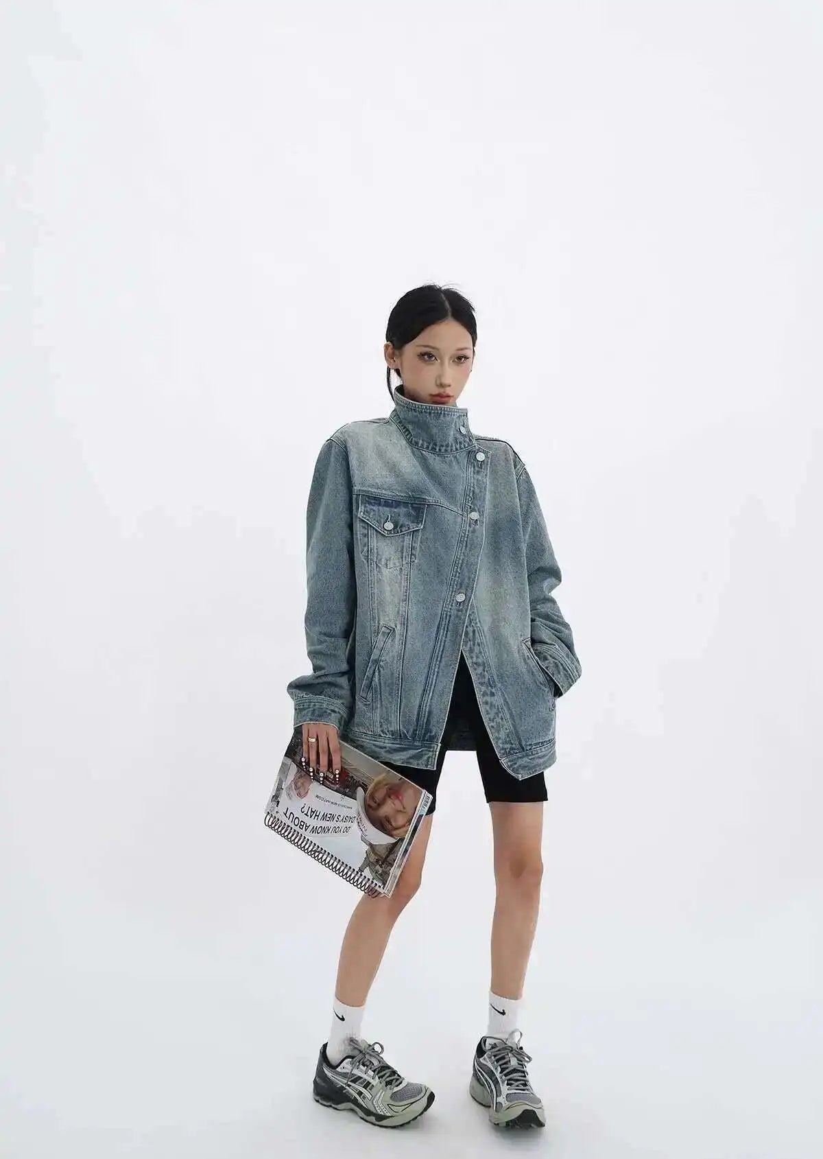 Denim Charm Patchwork Turtleneck Coat