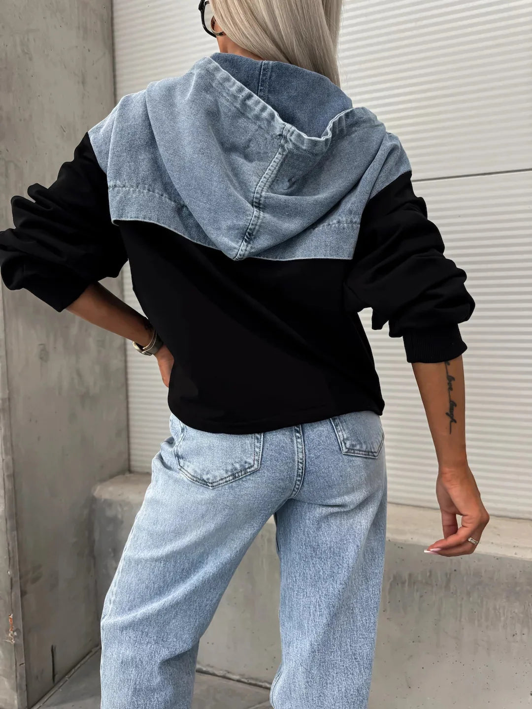 Denim Zip-Up Hooded Sweatshirt