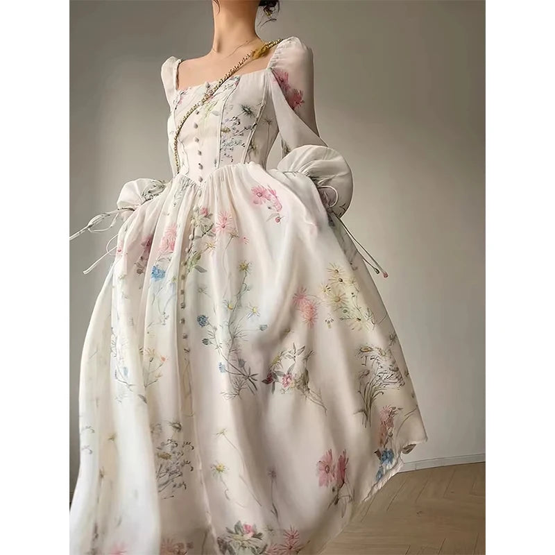 Vintage Square Neck Floral Dress