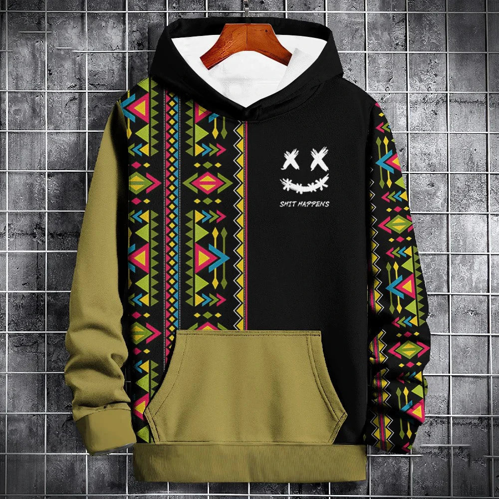 Ethnic Print Patchwork Hoodie