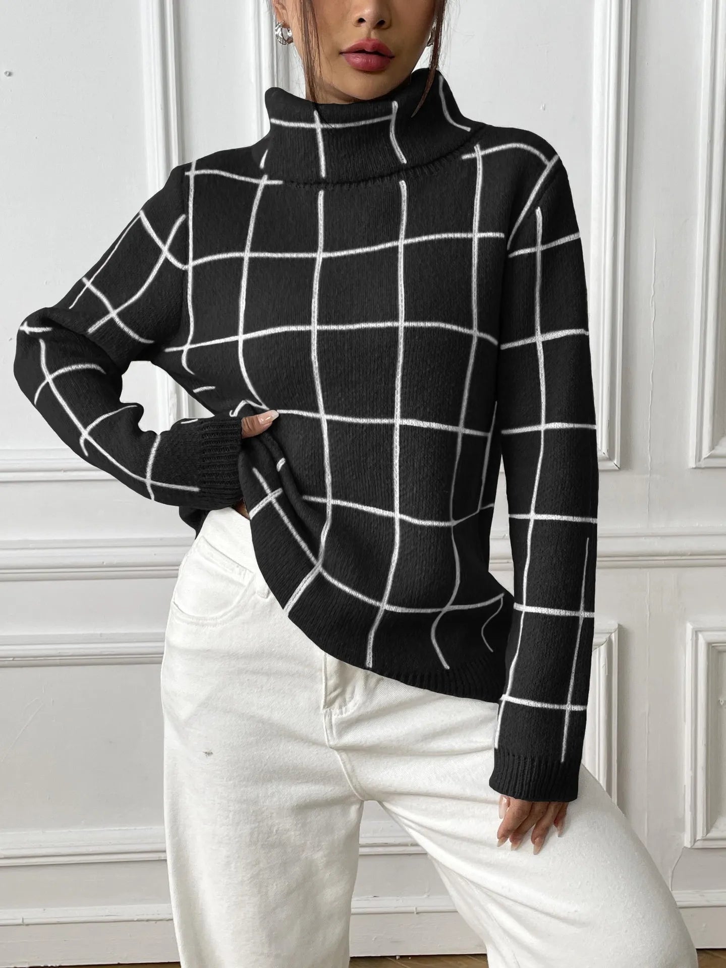 Plaid Muse Turtleneck Knit Sweater