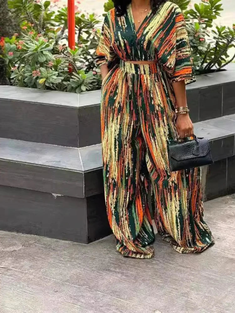 Striped V-Neck Two-Piece Set