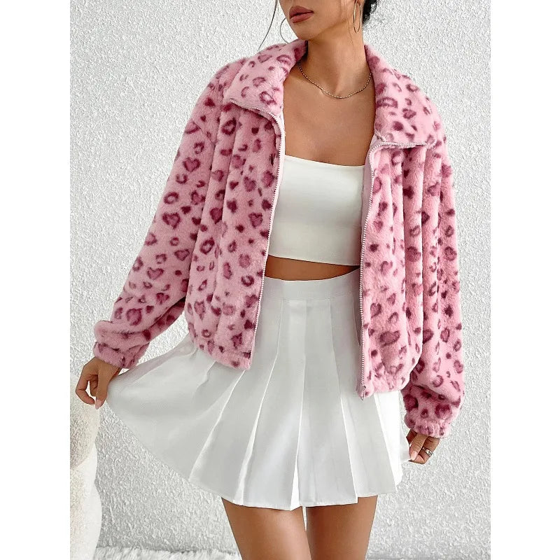 Love Spots Leopard Plush Zipper Jacket
