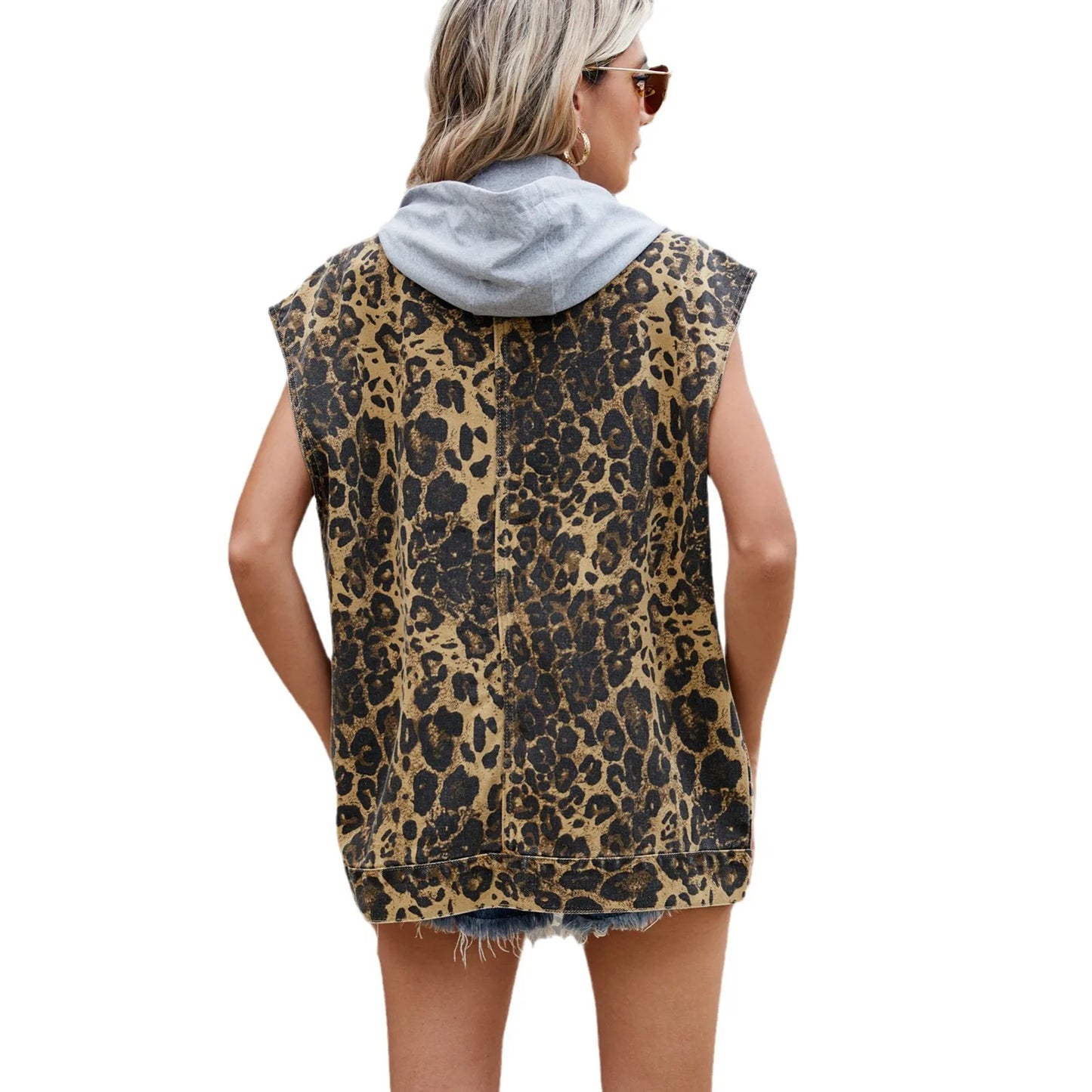 Leopard Denim Hooded Vest Jacket