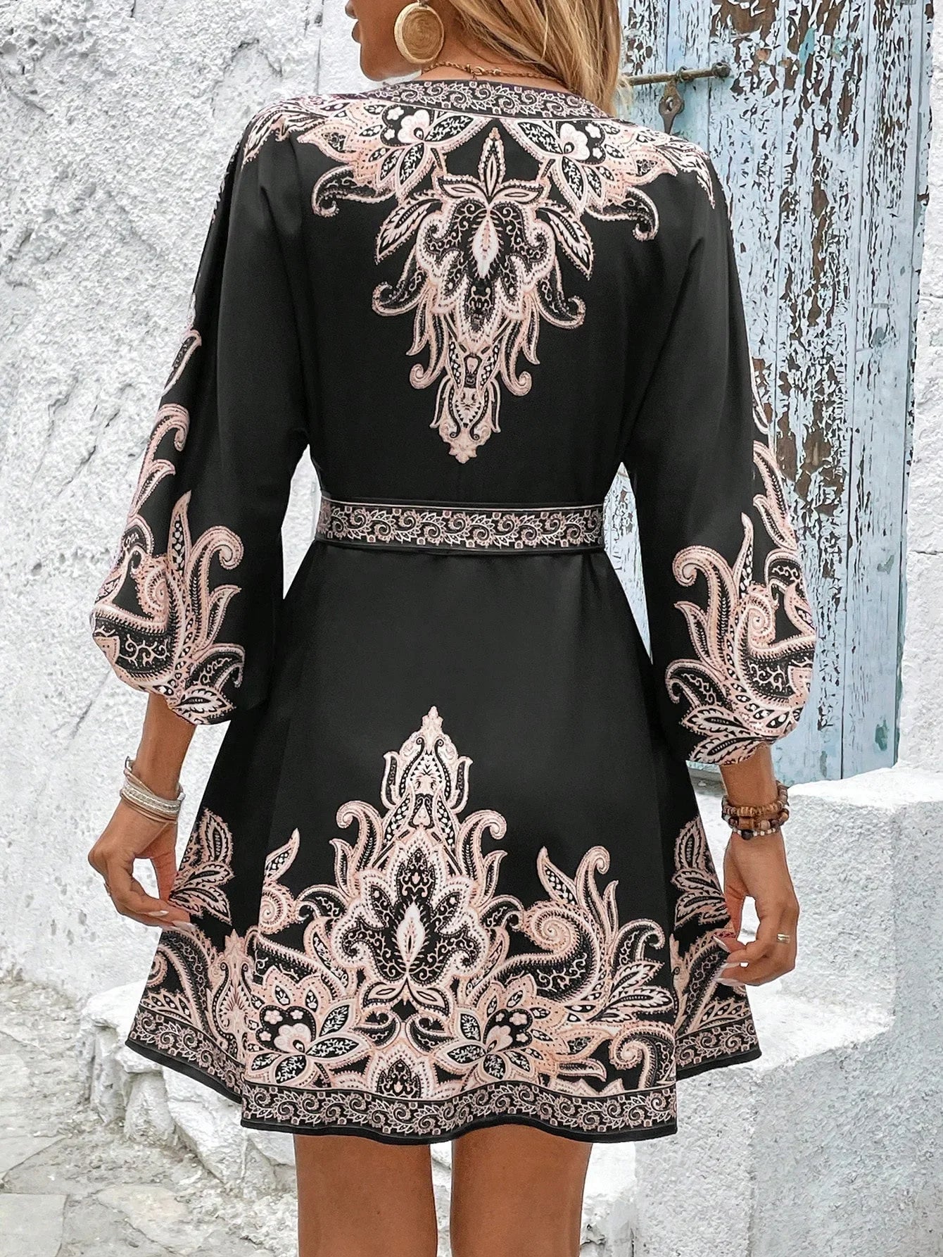 Golden Breeze V-Neck Tie Dress