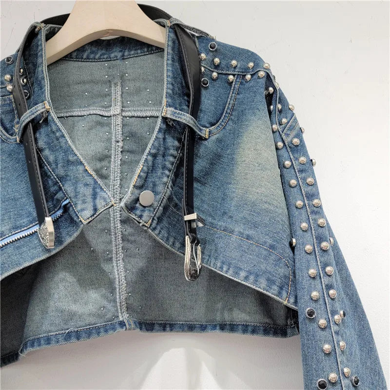 Edge Craze Rivet Patchwork Denim Jacket Rich Allure