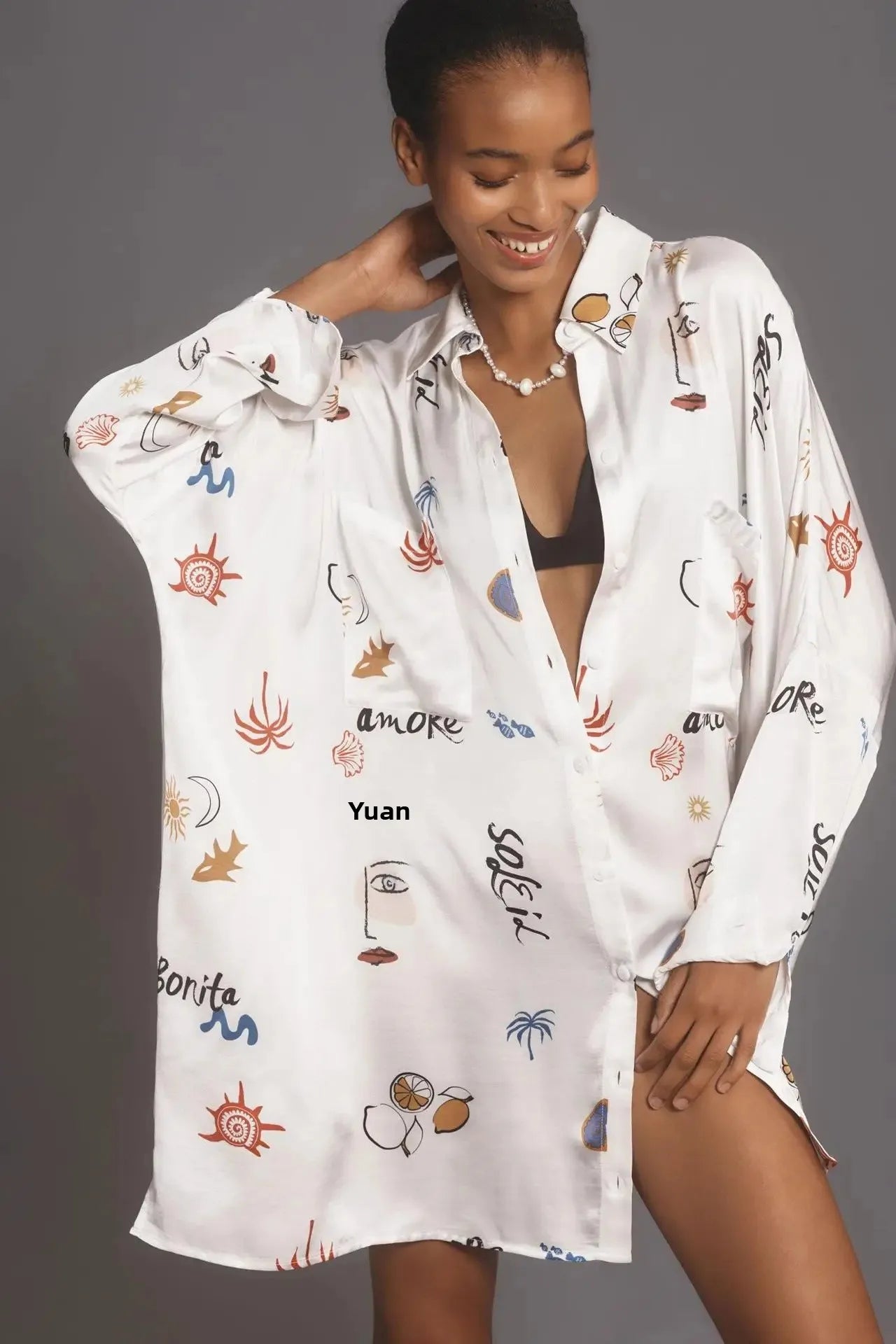 Chic Doodle Print Cardigan Dress