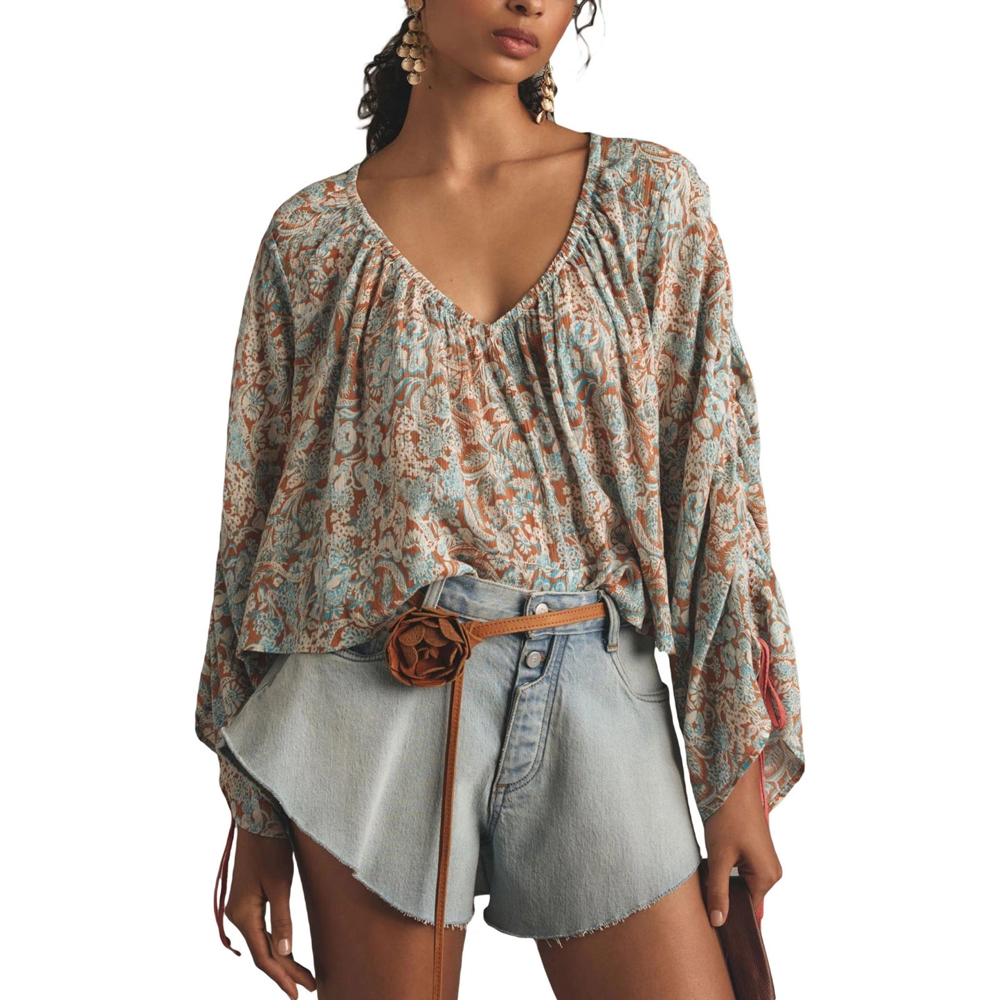 Boho Bloom Lace-Up Floral Blouse