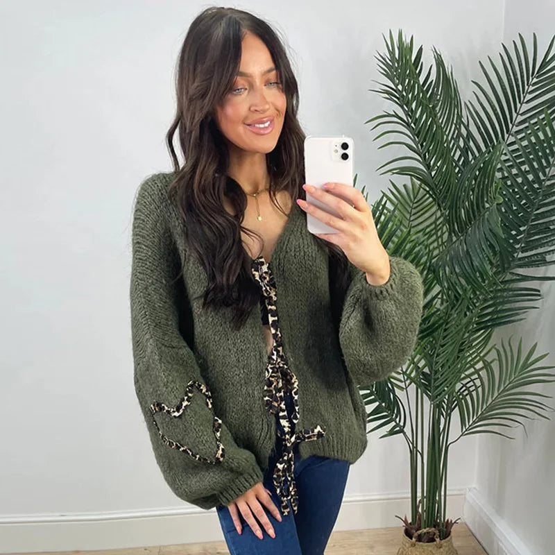 Leopard Lace-Up V-Neck Cardigan Rich Allure