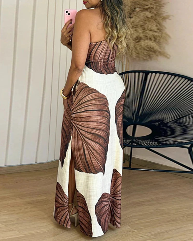 Tropical One-Shoulder Slit Dress
