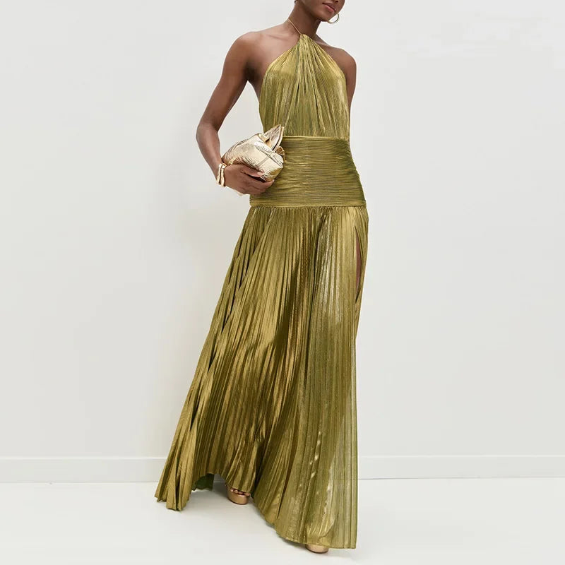 Gold Halter High Split Gown