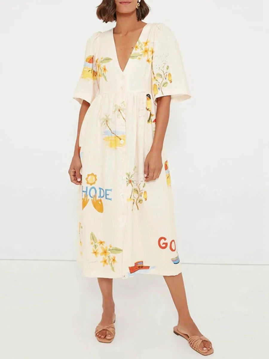 Petal Script V-Neck Maxi Dress
