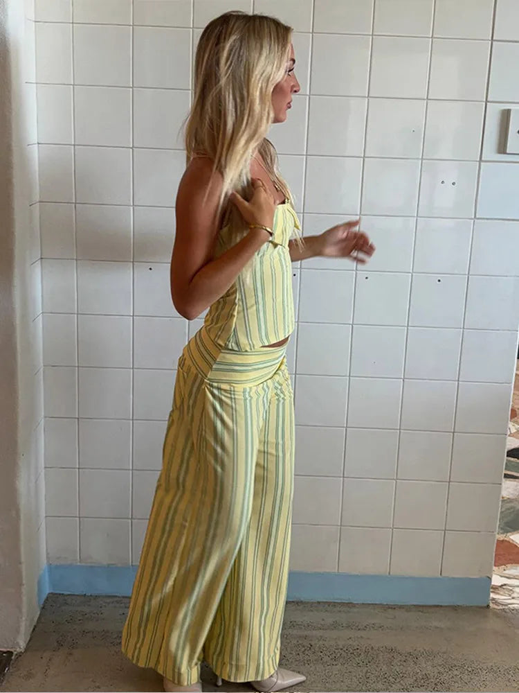 Striped Halter Lace-Up Beach Set