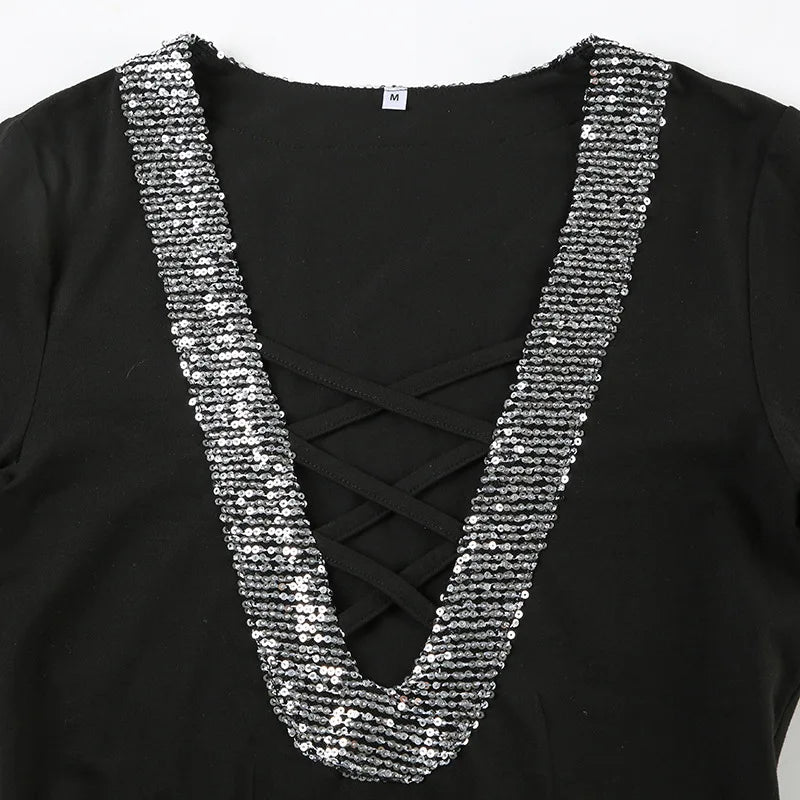 Glam Splice Sequin V-Neck Slim Top Rich Allure