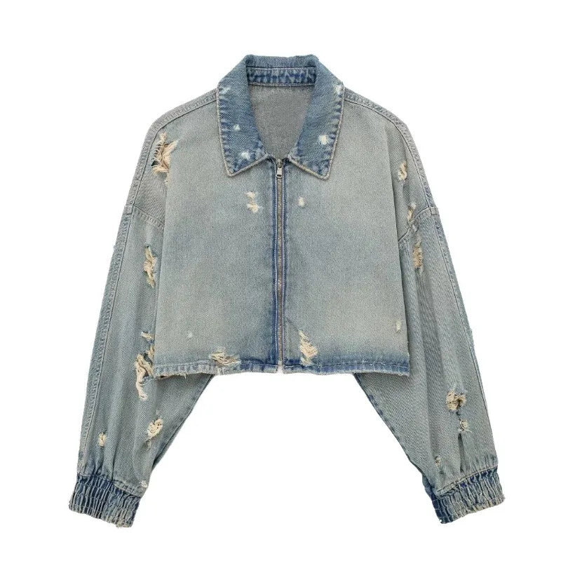 Rogue Bloom Distressed Denim Crop Jacket