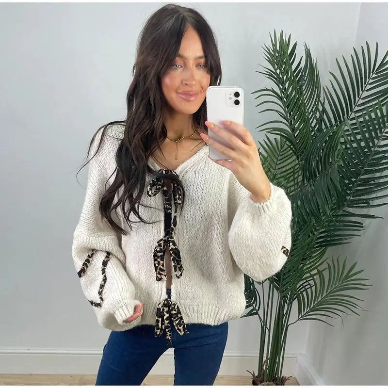 Leopard Lace-Up V-Neck Cardigan