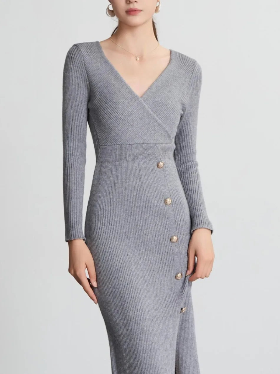 VeltriKnit V-Neck Maxi Sweater Dress